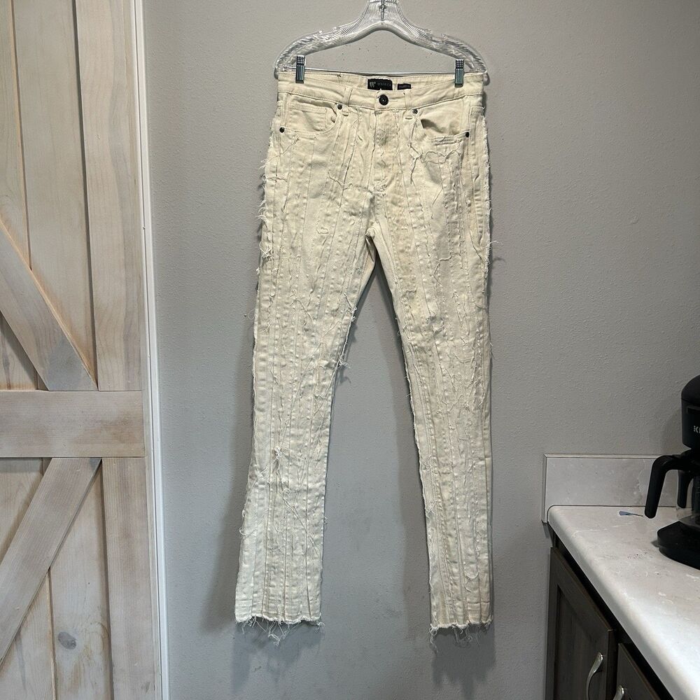 Waimea Mens Stacked Fit 31x33 Raw Hem Denim Beige Grunge Streetwear Hip Hop
